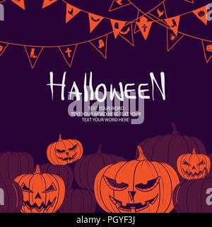 Silhouette orange pumpkin lanterns and party flags on purple background and space for text. Background or poster design for halloween event in vector  Stock Vector