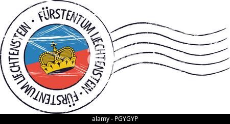 Liechtenstein grunge postal stamp and flag on white background Stock Vector