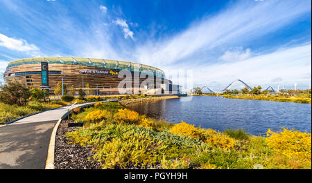 Optus Stadium surrounded by parkland. Stock Photo