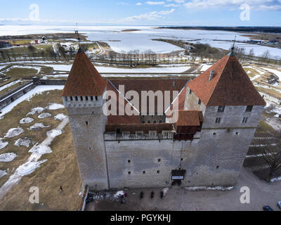 KURESSAARE, ESTONIA - CIRCA MAR, 2018: Aerial view at Kuressaare Fortress and Baltic sea at spring season. Medieval fortification in Saaremaa island,  Stock Photo