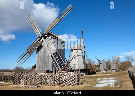 SAAREMAA, ESTONIA - CIRCA MAR, 2018: Typical trestle wooden windmills are in open air museum. Angla Windmill Mount is on Saaremaa island Stock Photo