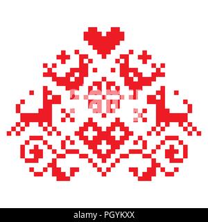 Cross stitch vector seamless folk art single pattern with flowers and animals - retro background inspired German old style retro embroidery Stock Vector