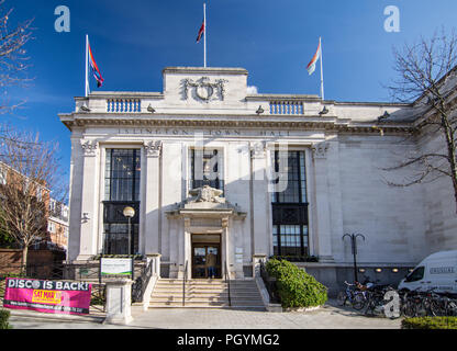 London, England, UK - February 12, 2018: The main facade and entrance to Islington Town Hall, seat of Islington Borough Council, on Upper Street in No Stock Photo