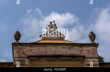 Sculpture representing Art and Nature on the top of pavilion of Carlos IV in Labirinth Park of Horta. Stock Photo