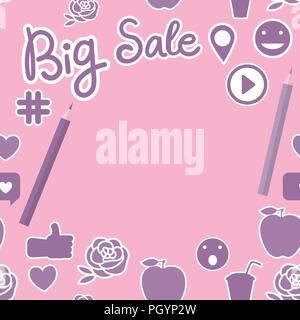 Card banner Back to school with the inscription lettering Big sale. Vector illustration isolated on pink background. Stock Vector