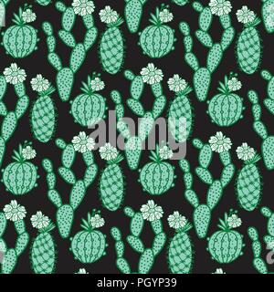 Set hand drawn cactus with flowers. Seamless pattern. Vector illustration isolated on black Stock Vector