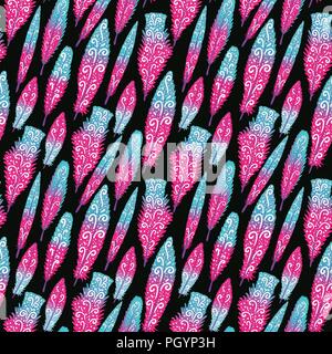 Flamingo feather brigth colorful hand drawn swirls. Seamless pattern. Vector illustration isolated on dark. Stock Vector