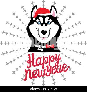 Vector Card Husky in the cap of santa. Lettering Inscription Happy New Year. Stock Vector