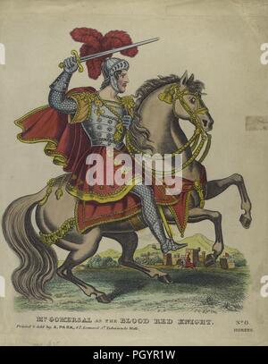 Colour print, likely hand-painted, depicting a full-length, profile view of British actor Mr Edward Alexander Gomersal, with a serious expression on his face, wielding a sword in one hand, dressed in a silver helmet, armor and chain mail, and a red tunic and cape, and riding on the back of a horse with red caparisoning, while performing the titular role from the play 'The Blood Red Knight, ' by William Barrymore, ' published in London by A Park, 1835. From the New York Public Library. () Stock Photo