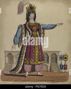 Color print, likely a watercolour tinsel print, hand-painted, and decorated with scraps of tinsel and other materials, depicting a full-length portrait of British actress Mrs Alexander E Gomersal, with a calm look on her face, extending one arm at shoulder level, dressed in a tunic, pantaloons, coat with ermine trim, and a crown with a feather or horse-tail, while performing the role of Queen Esther, from the play 'King Ahasuerus, ' published in London by JK Green, 1837. From the New York Public Library. () Stock Photo