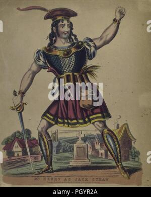 Color print, likely a hand-colored etching, depicting a full-length view of British actor Mr Henry, with a serious look on his face, holding a sword in one hand, the other raised in a fist, dressed in a red and gold hat with a feather, and a blue and red skirted tunic, with greaves and sabatons to protect his shins and feet, while performing the role of 'Jack Straw' for Robert Southey's play 'Wat Tyler, A Dramatic Poem' published in London by JL Marks, 1837. From the New York Public Library. () Stock Photo