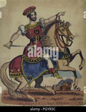 Colour print, likely a hand-painted etching, depicting a full-length view of British actor and playwright John Thomas Haines, with a serious expression on his face, wielding a sword in one hand, and pointing forward with the other hand, dressed in a red hat and tunic, and balancing on the back of a rearing white horse with red and blue caparisoning, while performing the titular role in the play 'Wat Tyler, ' by Robert Southey, ' published in London by M Skelt, 1834. From the New York Public Library. () Stock Photo