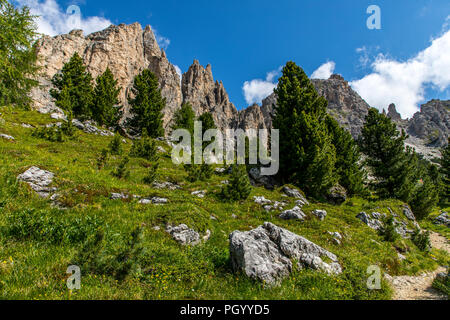 South Tyrol, Trentino, Italy, mountain panorama at the Gardena Pass, Gršdner Pass, mountain pass in the South Tyrolean Dolomites, Stock Photo