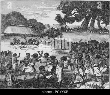 Black and white vintage print, depicting Tongan men, wearing cloth (tupenu) or woven mats wrapped around their waists, engaging in an organized mass battle, with several long thatched houses, and rows of seated Tongan spectators in the background, published in John George Wood's volume 'The uncivilized races of men in all countries of the world, being a comprehensive account of their manners and customs, and of their physical, social, mental, moral and religious characteristics', 1877. Courtesy Internet Archive. () Stock Photo
