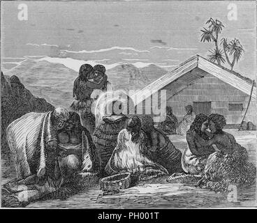 Black and white vintage print, depicting Maori people, huddled together in expressions of grief during a Tangi (traditional MAori funeral rite), with two people crouched under the gable of a whare (house) visible in the background, located in New Zealand, published in John George Wood's volume 'The uncivilized races of men in all countries of the world, being a comprehensive account of their manners and customs, and of their physical, social, mental, moral and religious characteristics', 1877. Courtesy Internet Archive. () Stock Photo