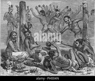 Black and white vintage print, depicting an indigenous or 'scheduled' peoples wedding, in which drunken members of the wedding party pass a container of alcoholic toddy to the bride and groom, who recline together on a post, wearing sarongs from the waist down and a variety of necklaces, earrings, and noserings (the groom also wears feathers in his hair) while other members of the party dance, hopping from foot to foot, and snapping their fingers in the background, located in India, published in John George Wood's volume 'The uncivilized races of men in all countries of the world, being a comp Stock Photo