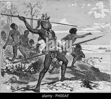 Black and white vintage print, depicting a group of New Caledonian men throwing spears, including a man standing on the shoreline in the foreground, wearing a leaf-like loincloth with pouch attached to a waistbelt, and a feathered necklace and headpiece, and using an ounep or sipp (a length of twine with a knot at one end and a sling at the other) to propel a long javelin or spear, located in North America, published in John George Wood's volume 'The uncivilized races of men in all countries of the world, being a comprehensive account of their manners and customs, and of their physical, social Stock Photo