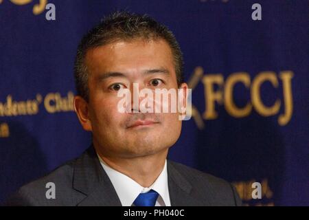 Tokyo, Japan. 29th Aug 2018. Japanese politician and candidate for his party's leadership Keisuke Tsumura attends a news conference at the Foreign Correspondents' Club of Japan on August 29, 2018, Tokyo, Japan. Tsumura and Yuichiro Tamaki answered questions about the coming leadership election for the Democratic Party For the People, which is set for September 4. Credit: Rodrigo Reyes Marin/AFLO/Alamy Live News Stock Photo