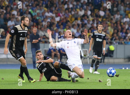 KYIV, UKRAINE - AUGUST 28, 2018: AFC Ajax Players Listen To Champions League  Anthem Before The UEFA Champions League Play-off Game Against FC Dynamo  Kyiv At NSC Olimpiyskyi Stadium In Kyiv, Ukraine