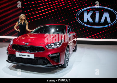 Moscow, Russia. 29th August 2018. A Kia Cerato car on display at the 2018 Moscow International Motor Show at the Crocus Expo exhibition center Credit: Nikolay Vinokurov/Alamy Live News Stock Photo