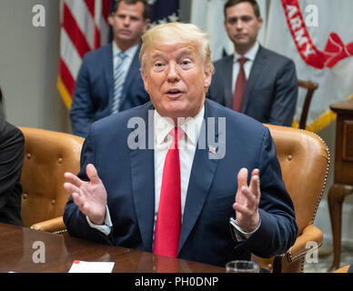 Washington, United States Of America. 29th Aug, 2018. United States President Donald J. Trump answers a reporter's question after announcing a grant for drug-free communities support program in the Roosevelt Room of the White House in Washington, DC on Wednesday, August 29, 2018. Following his remarks the President took a few questions from the press. Credit: Ron Sachs/CNP | usage worldwide Credit: dpa/Alamy Live News Stock Photo