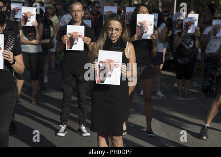 August 29, 2018 - San SebastiÃ¡N De Los Reyes, Spain - Anti bullfighting  demonstrators seen with a huge banner during the protest.A crowd of people  demonstrated against bullfights and animal abuse in