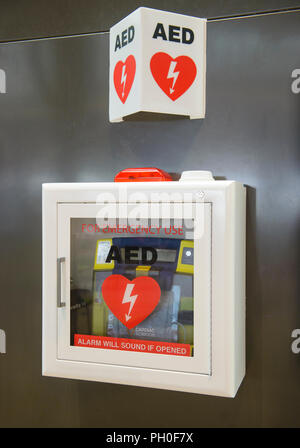 Automated External Defibrillator(AED) on the wall can be found in almost all airport and train stations Stock Photo