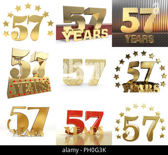 Set of number fifty seven year (57 year) celebration design. Anniversary golden number template elements for your birthday party. 3D illustration. Stock Photo