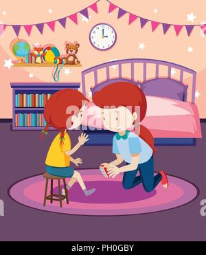 mother helping daughter put on shoe illustration Stock Vector