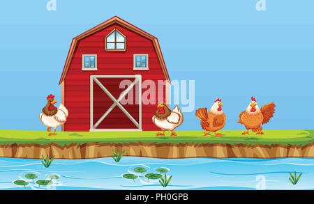 Farm scene with chickens on the barn illustration Stock Vector Image ...