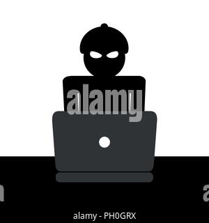 Hacker in the mask with laptop on white background isolated vector illustration EPS10 Stock Vector
