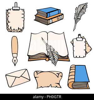 Hand Drawn Illustrations of Set Books and pen. Doodle vector illustration isolated on light Colored background. Stock Vector