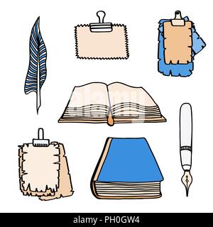 Hand Drawn Illustrations of Set Books and pen. Doodle vector illustration isolated on light Colored background. Stock Vector