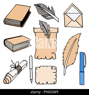 Hand Drawn Illustrations of Set Books and pen. Doodle vector illustration isolated on light Colored background. Stock Vector