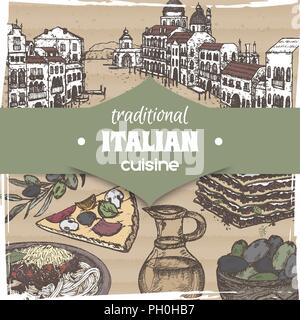 Vintage template with Venice landscape and color Italian cuisine dishes. Stock Vector
