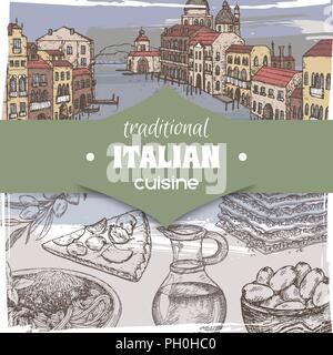 Vintage template with color Venice landscape and Italian cuisine dishes. Stock Vector
