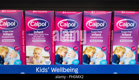 Sugar free Calpol on UK supermaket shelf. Stock Photo