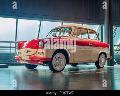 RIGA, LATVIA-APRIL 18, 2018: 1960 Trabant P50 in the Riga Motor Museum. Stock Photo
