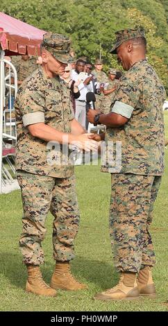 Maj. Gen. Craig C. Crenshaw, right, out-going commanding general, Marine Corps Logistics Command, congratulates Brig. Gen. Joseph F. Shrader as he assumes command of LOGCOM during a change of command ceremony held at Schmidt Field aboard Marine Corps Logistics Base Albany, Ga., June 14. Stock Photo