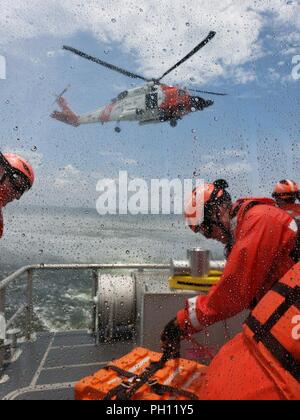 Coast Guard Station St. Petersburg crewmembers and Immigration and Customs Enforcement Rapid Response Team members conduct rescue helicopter operations aboard a 45-foot Response Boat-Medium in St. Petersburg, Florida, June 21, 2018. Station St. Petersburg crewmembers spent four days teaching the special agents seamanship skills, boat handling, and man-overboard response techniques. Stock Photo