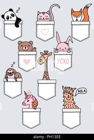 Cute baby animals sitting in a pocket, panda, bear, cat, fox, bunny, sloth, giraffe, unicorn, lama, set of vector design elements Stock Vector