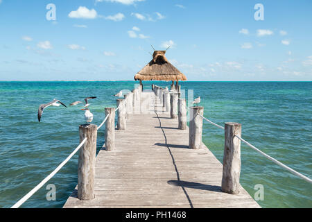 Ocean view from a pier with seagulls perched on either side of it and a grass roof at the end. Stock Photo
