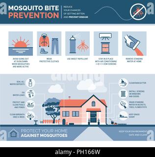 Mosquito bite prevention infographic: how to avoid mosquito bites and how to keep your house safe Stock Vector