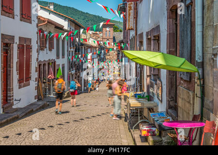 Main street of the medieval village Saint Jean Pied de Port in the Pyrenees. France. Stock Photo