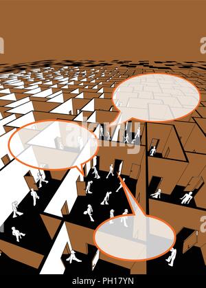 lost and confused people in endless cubical labyrinth with speech bubbles Stock Vector