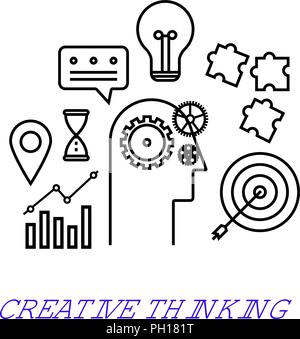 Conceptual flat line illustration: creativity and inspiration, idea and imagination, innovation and discovery, goal setting and achievement Stock Vector
