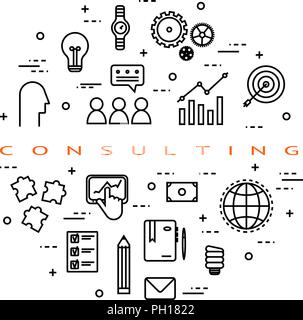 Round linear concept for business consulting. Vector illustration. Modern outline style Stock Vector