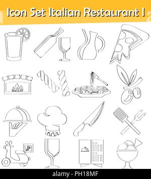 Drawn Doodle Lined Icon Set Italian Restaurant I with 16 icons for the creative use in graphic design Stock Vector