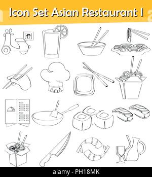 Drawn Doodle Lined Icon Set Asian Restaurant I with 16 icons for the creative use in graphic design Stock Vector