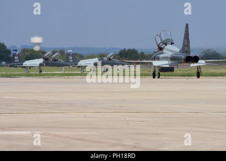 A T-38C Talon taxis before takeoff at Joint Base San Antonio-Randolph, Texas. The 12th Flying Training Wing employs the T-38C to teach pilot instructor training students, test pilots, and introduction to fighter fundamentals students. Stock Photo